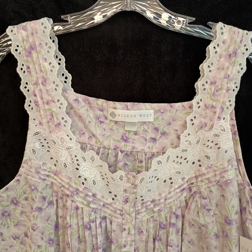 NWT Eileen West Sleeveless Short Nightgown L Gown White Purple Cotton Lawn